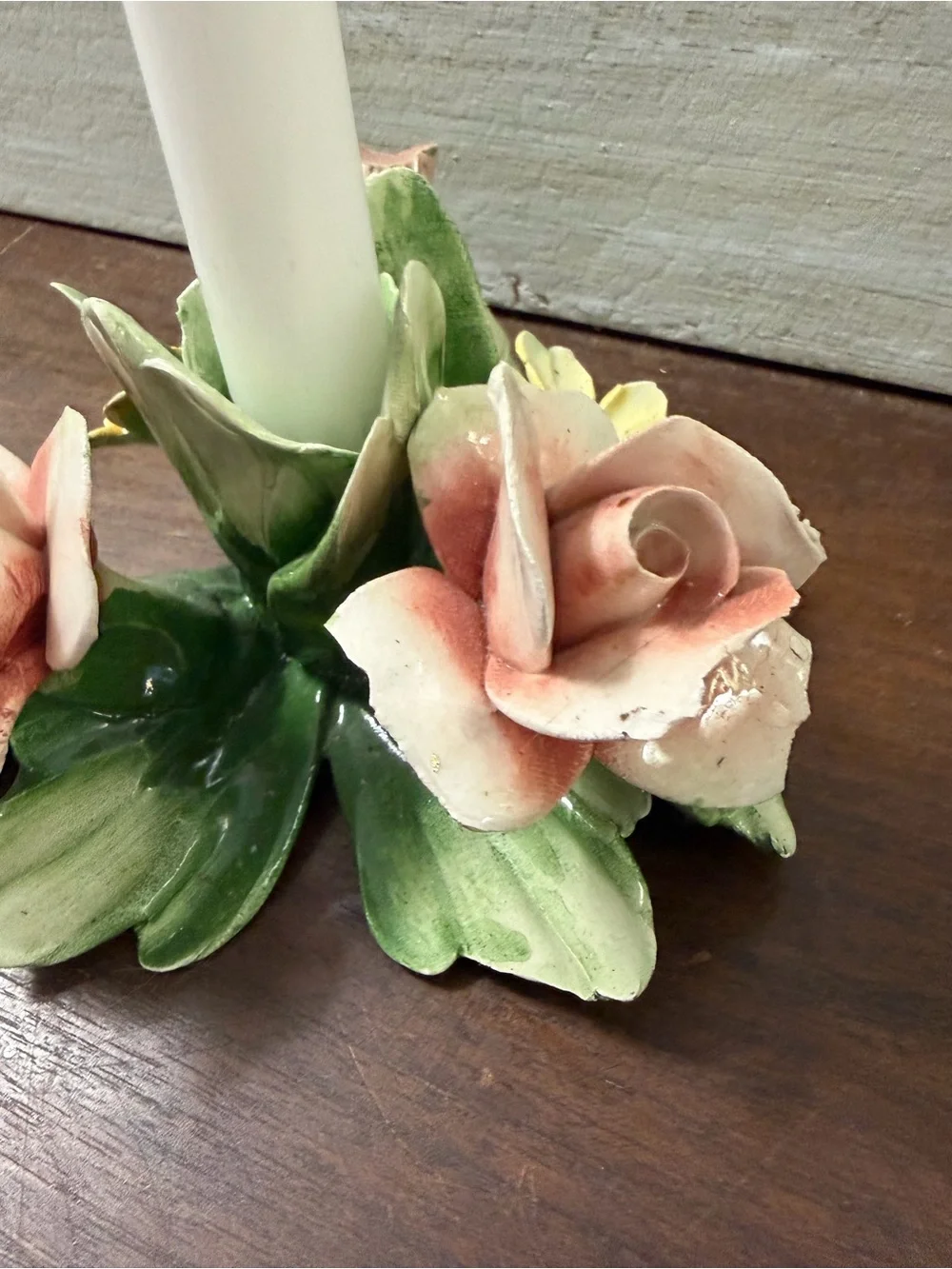 vintage Italian Capodimonte porcelain pink rose candle holder EUC cottagecore